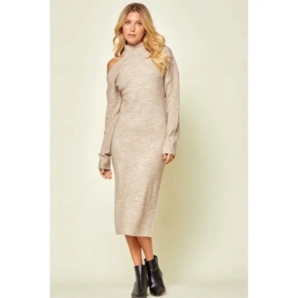 Oyster Cold Shoulder Knit Midi Sweater Stretchy Dress - Picture 5 of 6